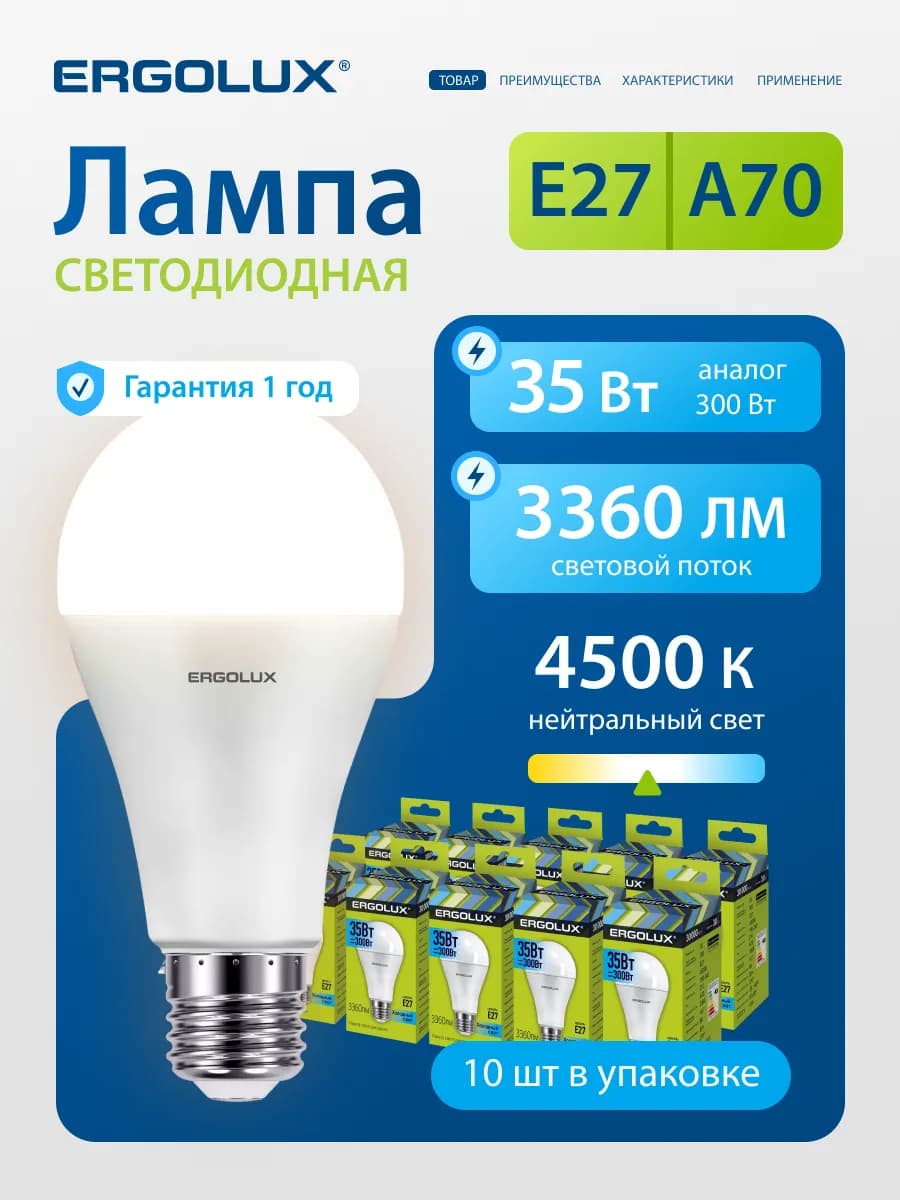 Лампочки светодиодные E27 35W 4500К Led дневной свет 10 шт
