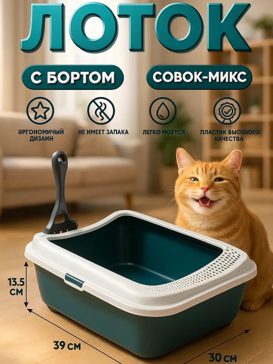 Лоток для кошек большой с бортами и совком