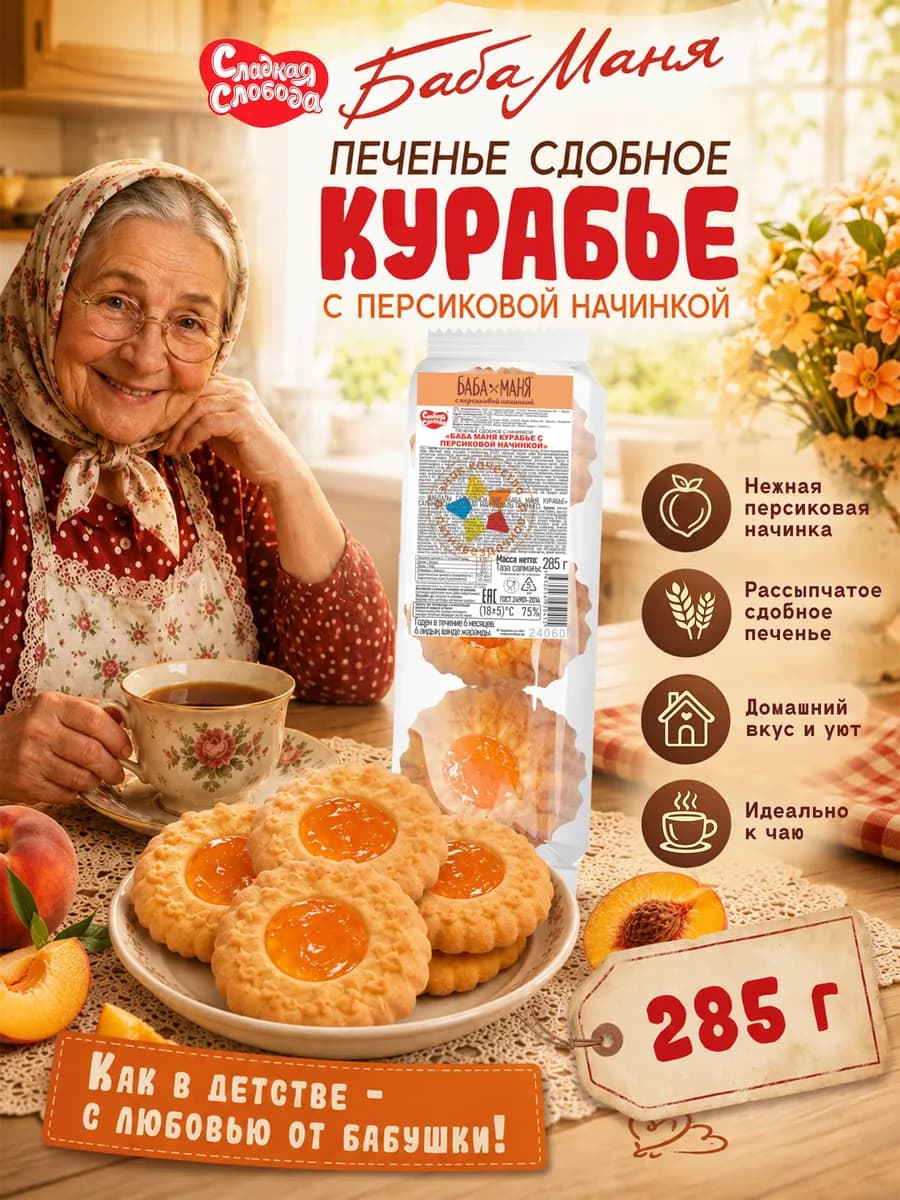 Печенье Баба Маня Курабье с персиковой начинкой, 285 гр