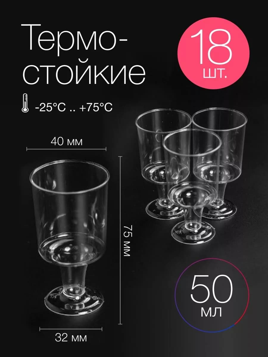 Рюмки одноразовые пластиковые для водки 50 мл стопки 18 шт