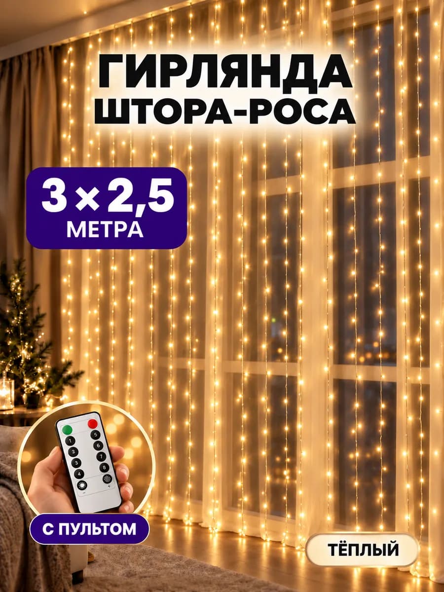 Гирлянда штора роса 3х2,5 занавес на окно