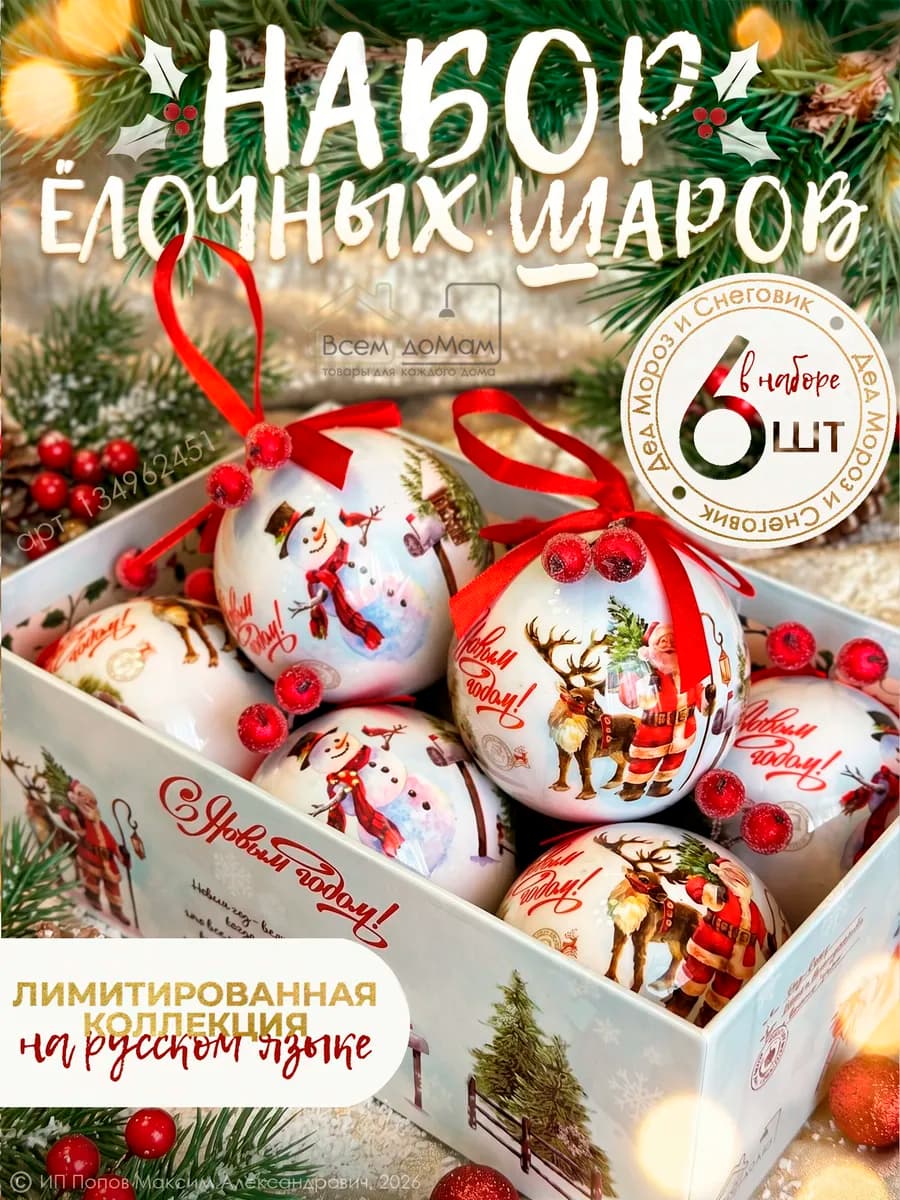 Новогодний набор елочных шаров 6 шт