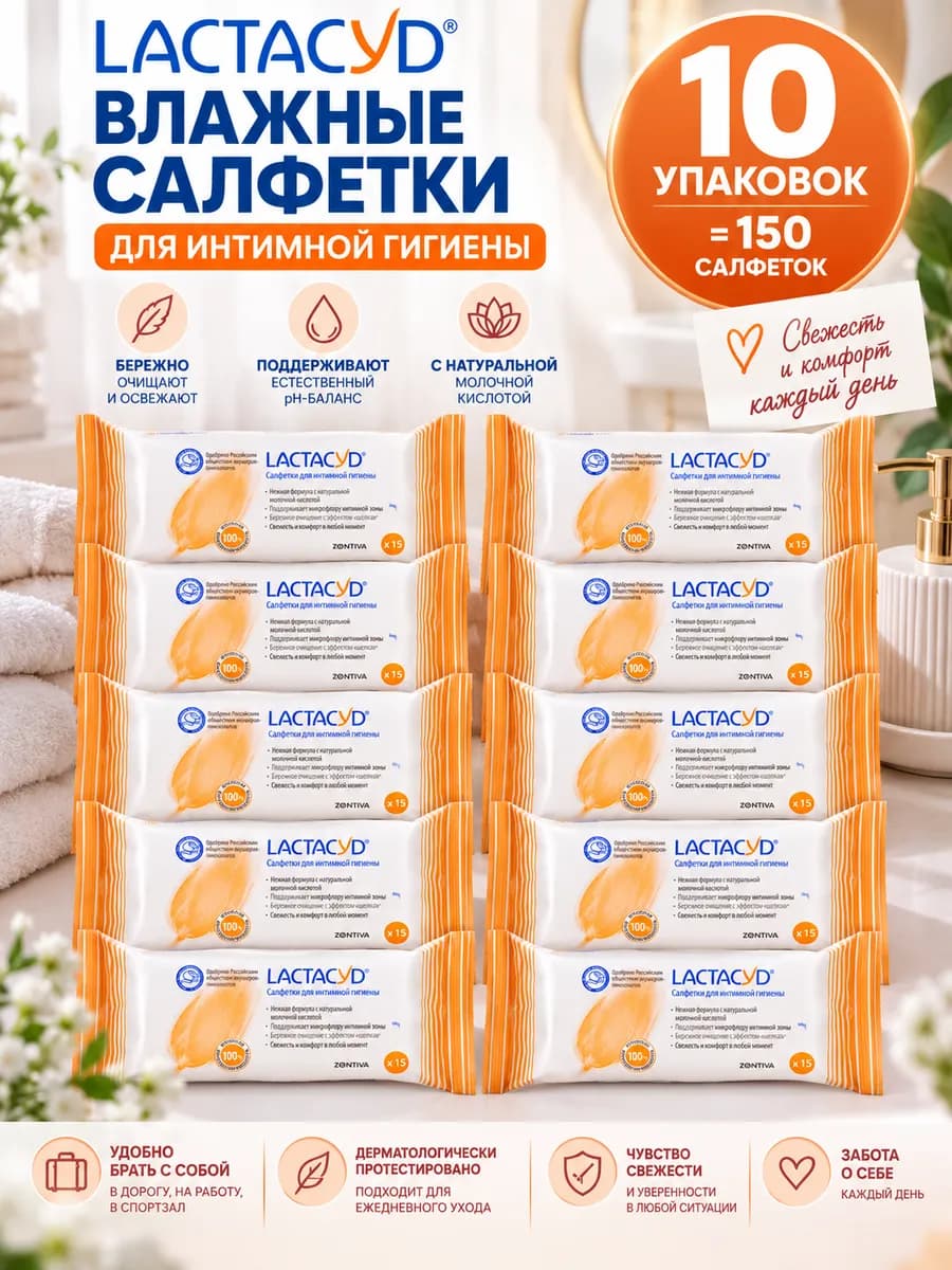Лактацид, влажные салфетки для интимной гигиены 15 шт Х10