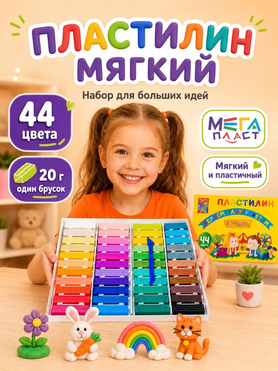 Пластилин для лепки в школу мягкий, набор 44 цвета