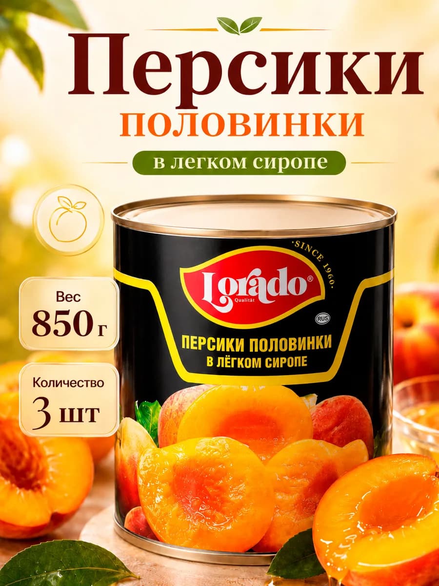 Персики половинки, в легком сиропе, Лорадо, 850 мл