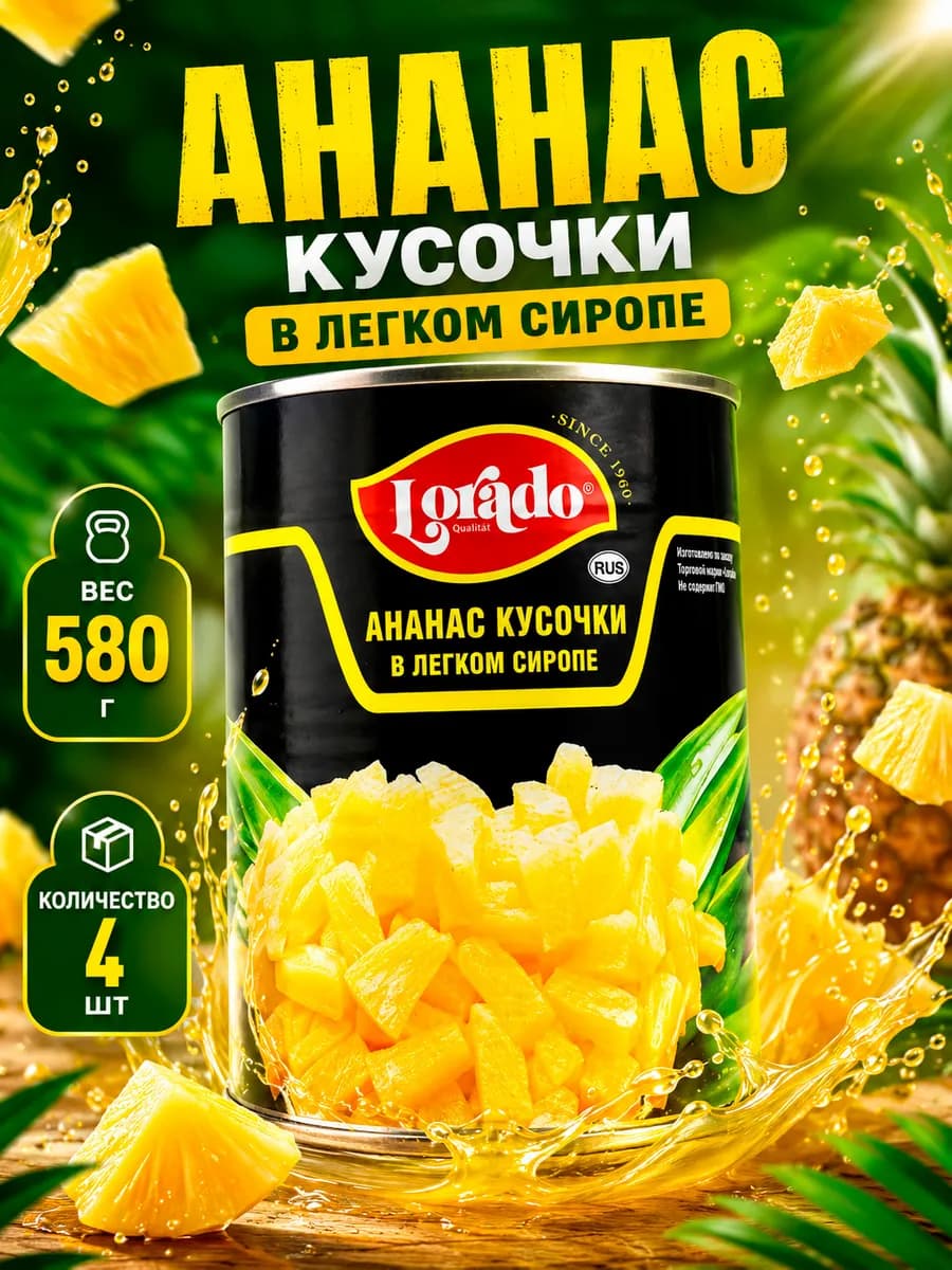Ананас кусочки, в легком сиропе, Лорадо, 580 мл