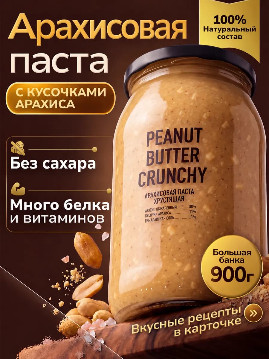 Арахисовая паста без сахара натуральная хрустящая 900г