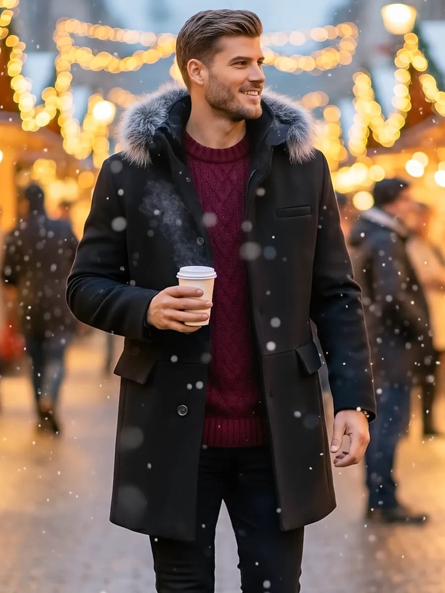 Пальто демисезонное с капюшоном мехом