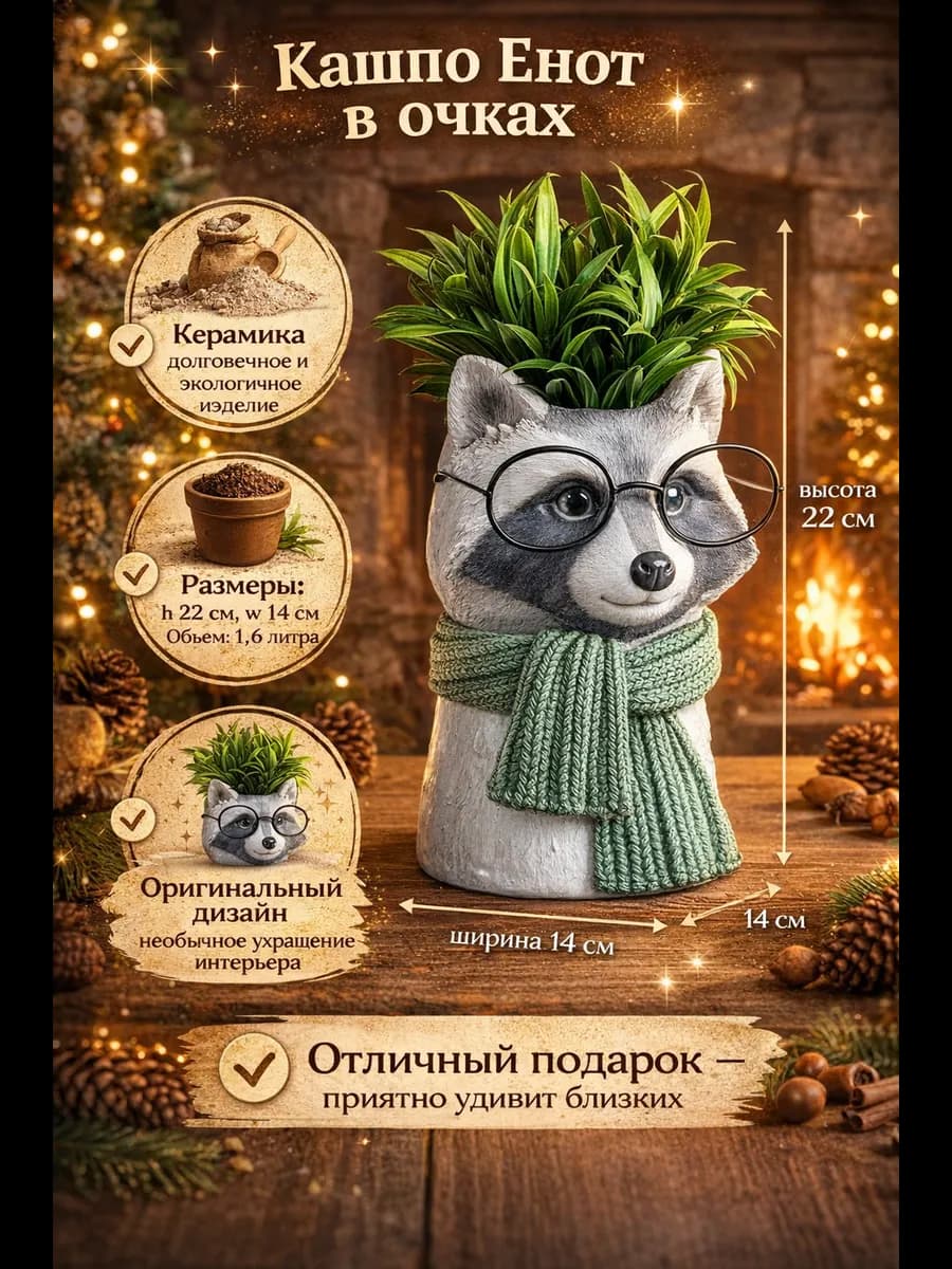 Кашпо - ваза Енот в очках 14х14х22см