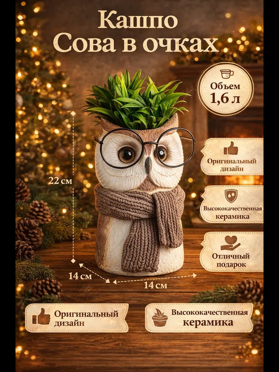 Кашпо - ваза Сова в очках 22х14см - фото 1
