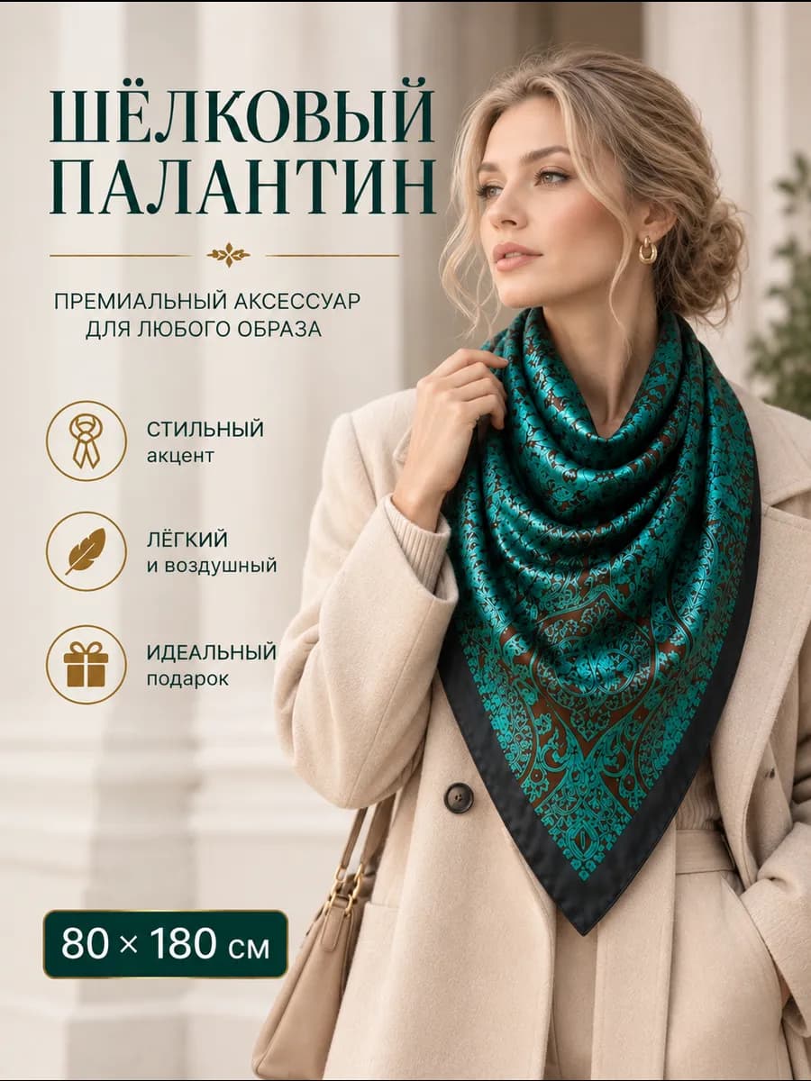 Палантин шелковый бирюзовый