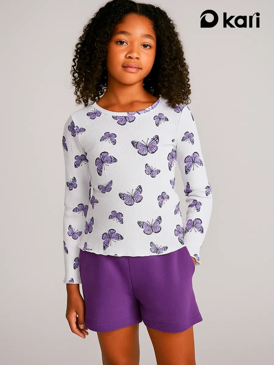 Лонгслив для девочки в рубчик белый с принтом