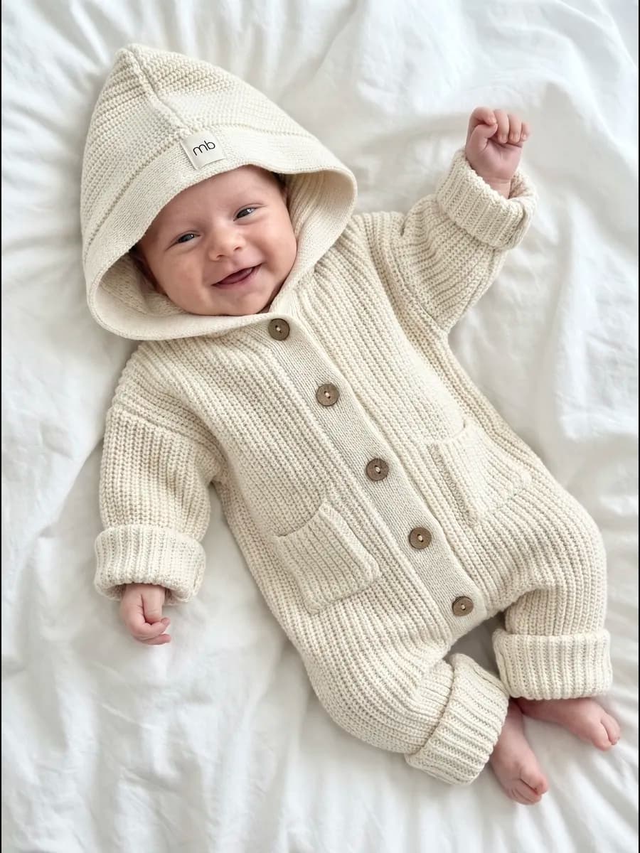 Комбинезон для новорожденного вязаный с капюшоном