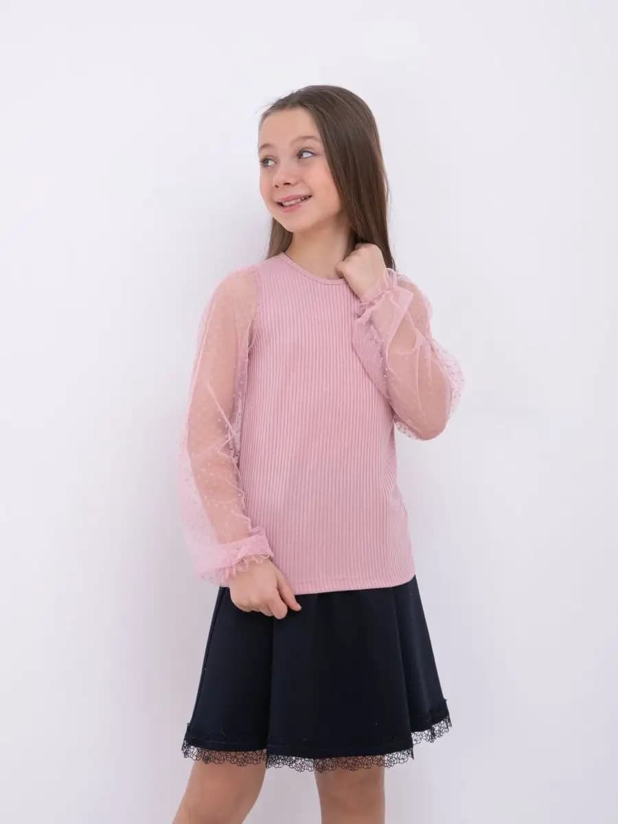 Блузка для девочки школьная нарядная в рубчик кружево