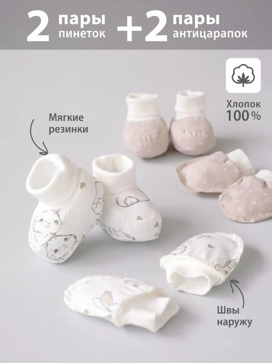 Комплект пинеток и антицарапок для новорожденного хлопок