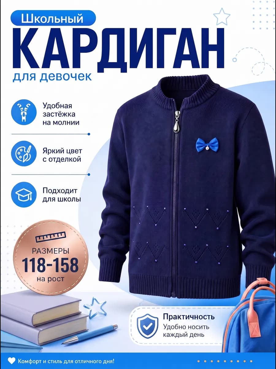Кардиган школьный на молнии теплый кофта