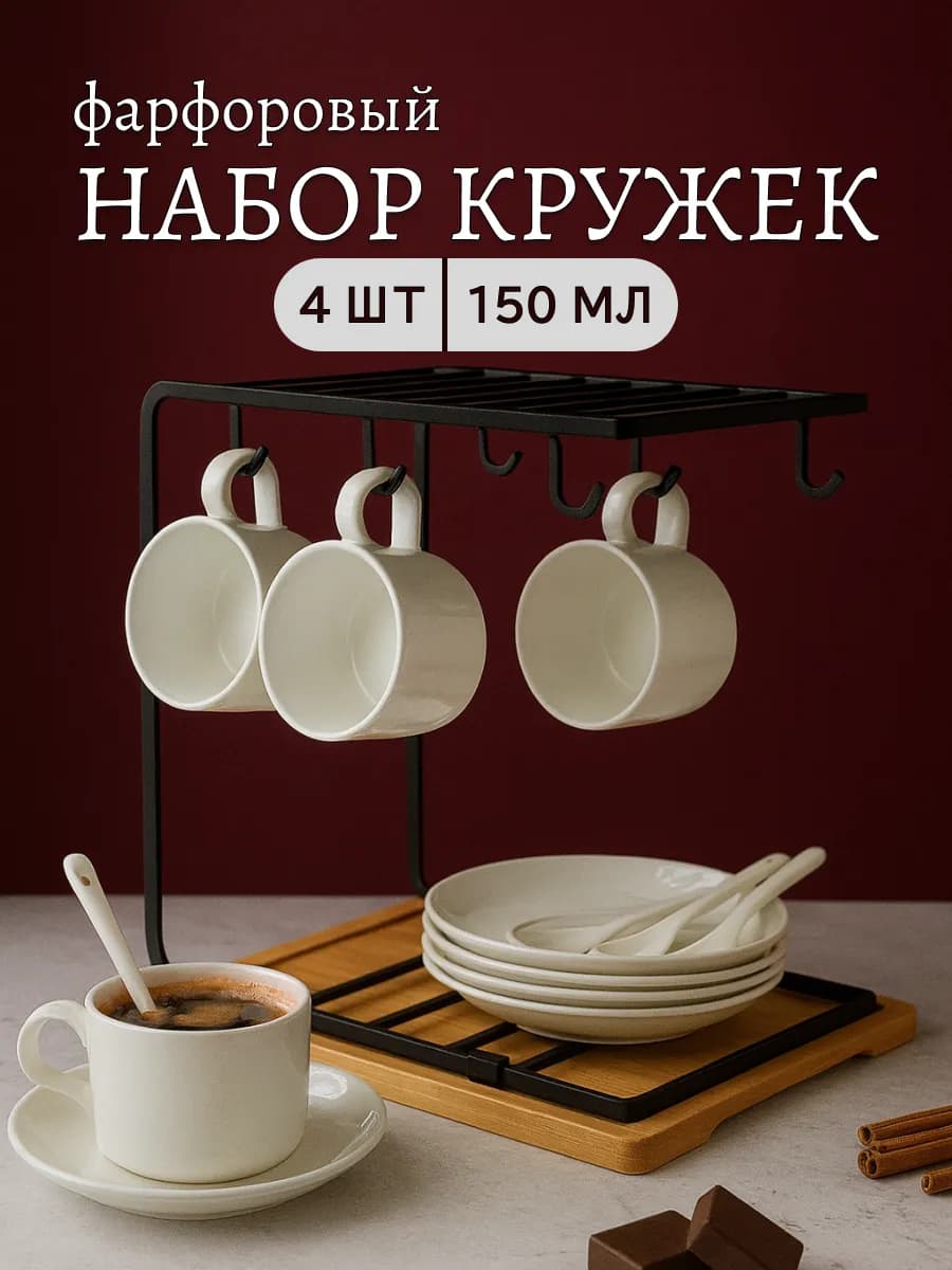 Набор кружек для кофе чайный сервиз на подставке