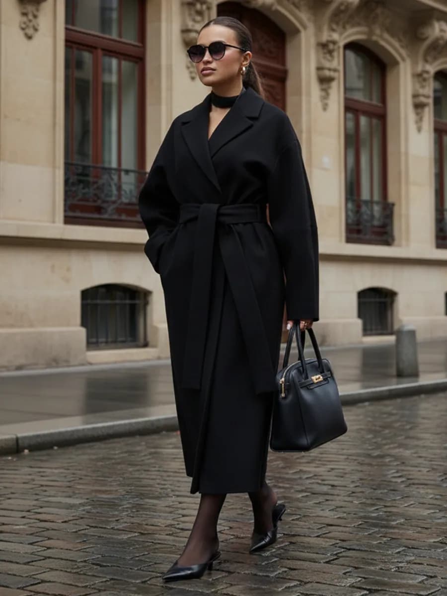 Пальто черное длинное оверсайз на запах