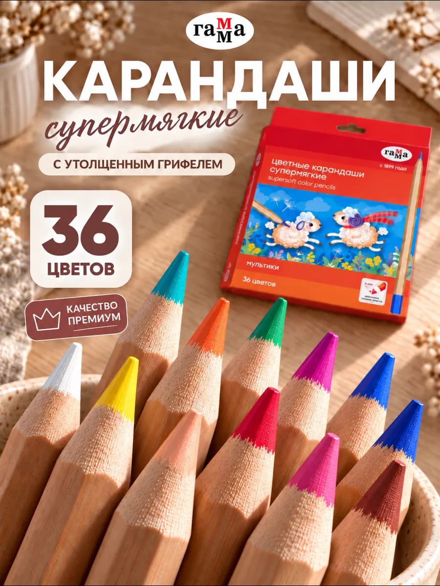 Карандаши цветные для рисования мягкие 36 цв, большой набор