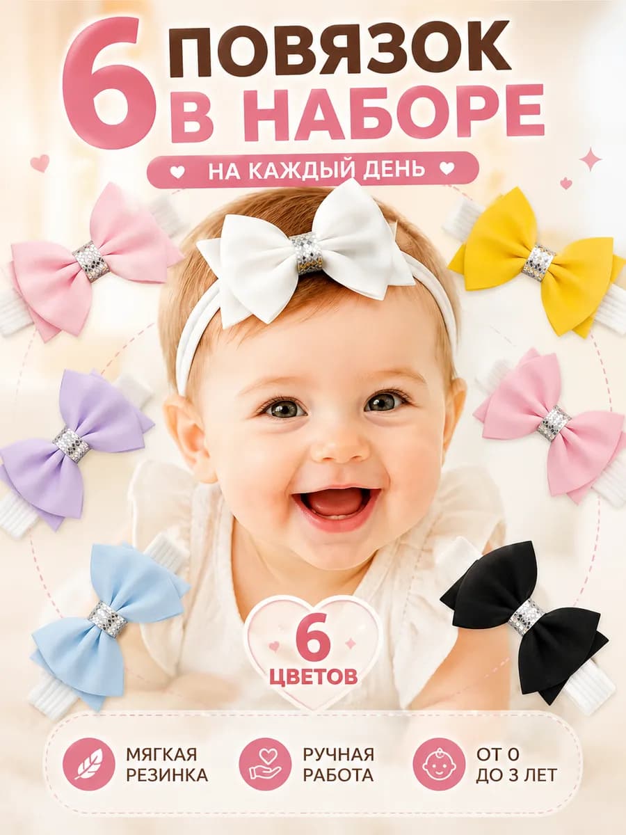 Повязки для малышей с бантиком набор 6 шт