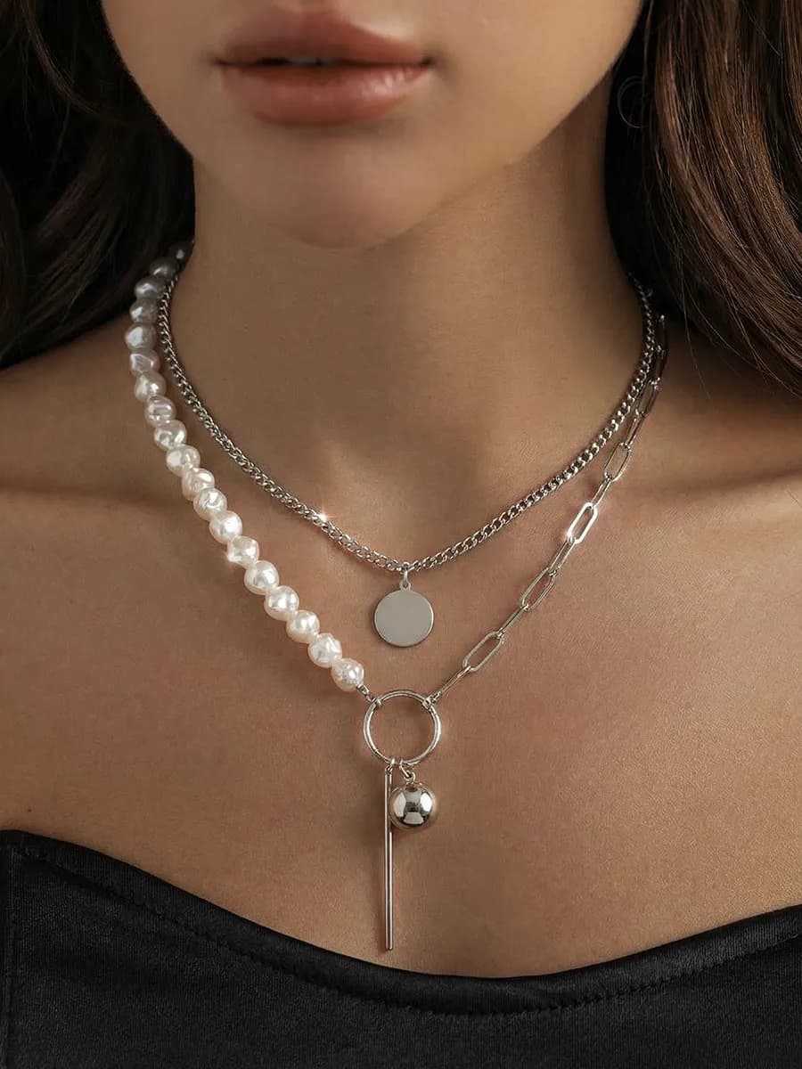 Цепочка на шею с жемчугом двойная с подвеской
