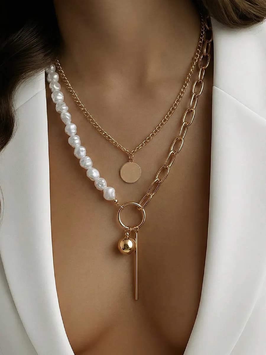Цепочка на шею с жемчугом двойная с подвеской