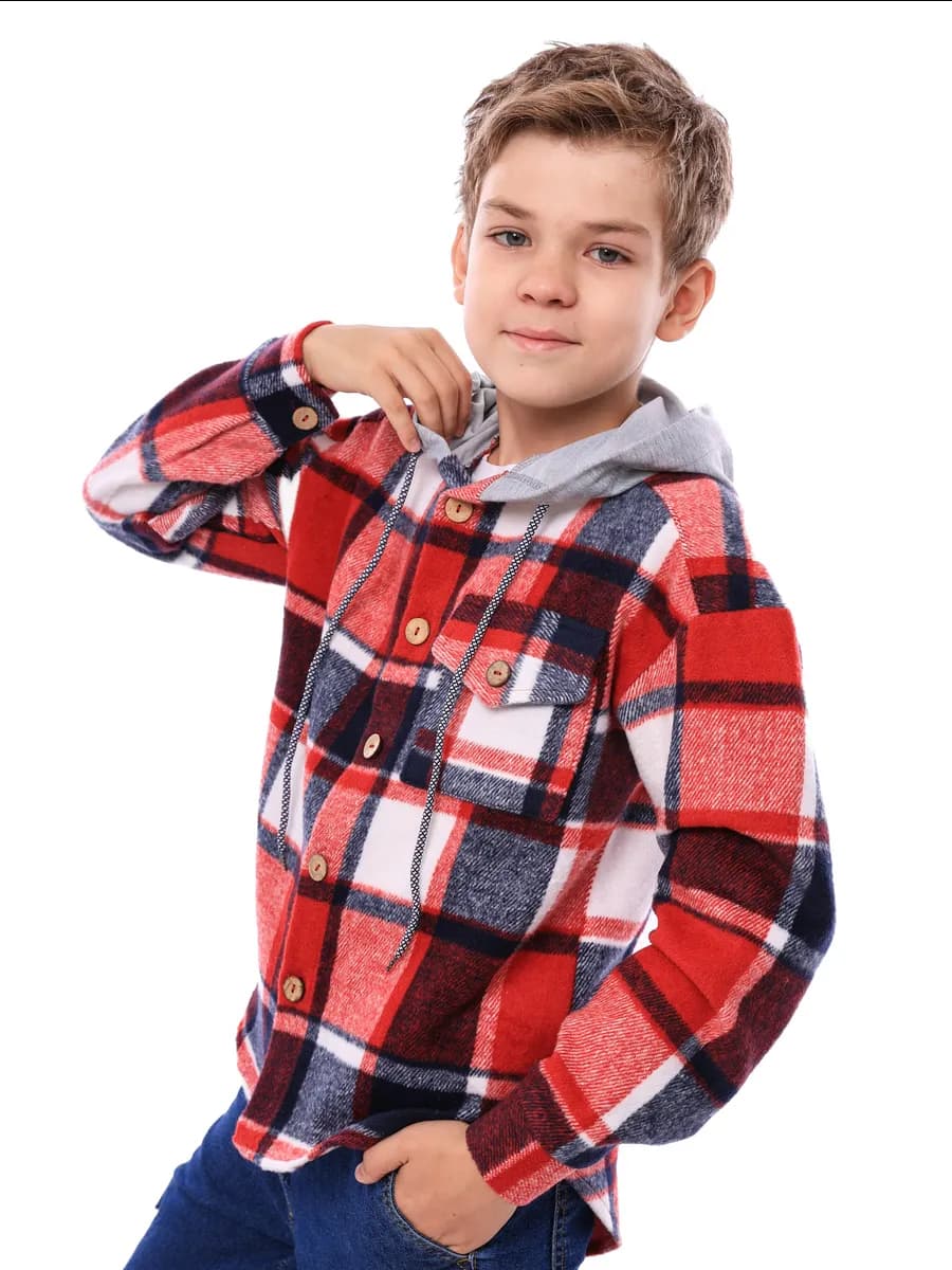 Рубашка в клетку для детей и подростков с капюшоном теплая