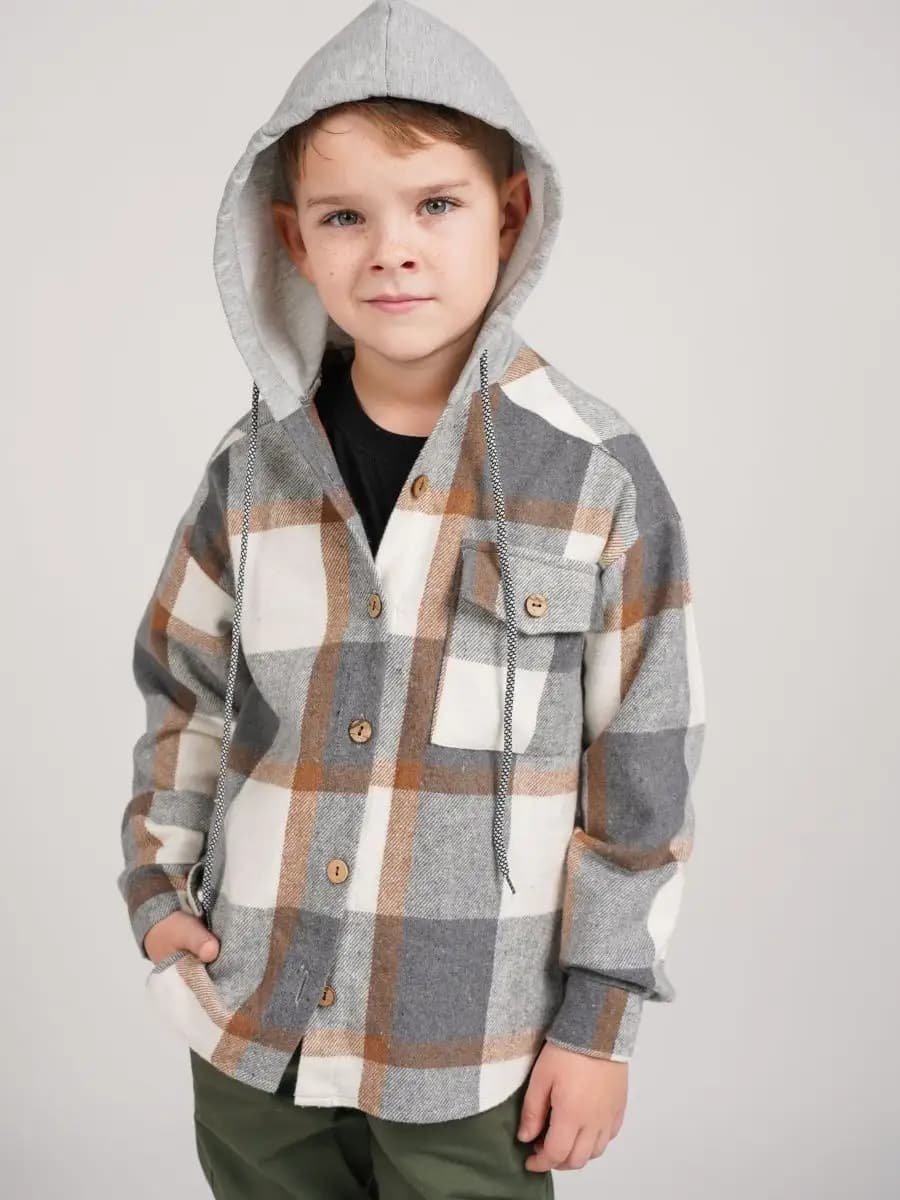 Рубашка в клетку для детей и подростков с капюшоном теплая