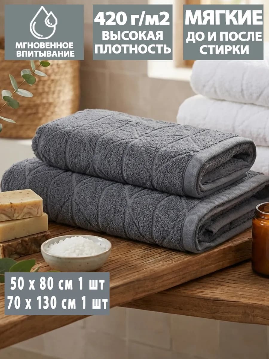 Полотенце банное махровое для тела и лица в наборе из 2шт