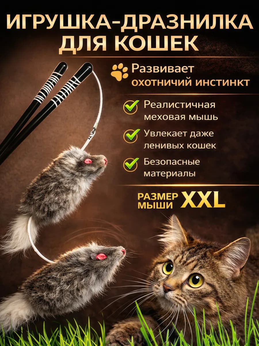 Игрушки для кошек дразнилка мышка удочка с погремушкой