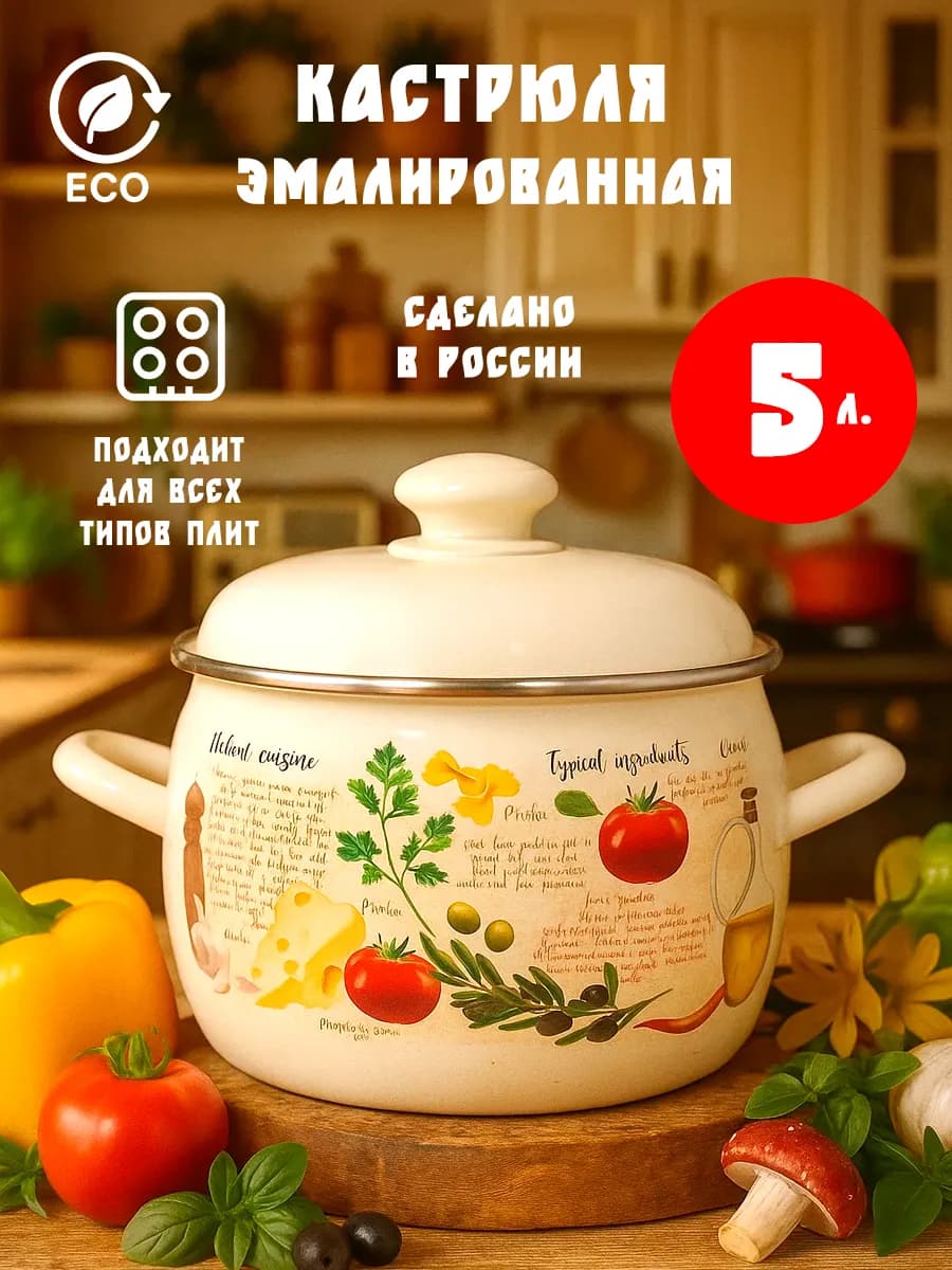 Кастрюля эмалированная с крышкой - фото 1