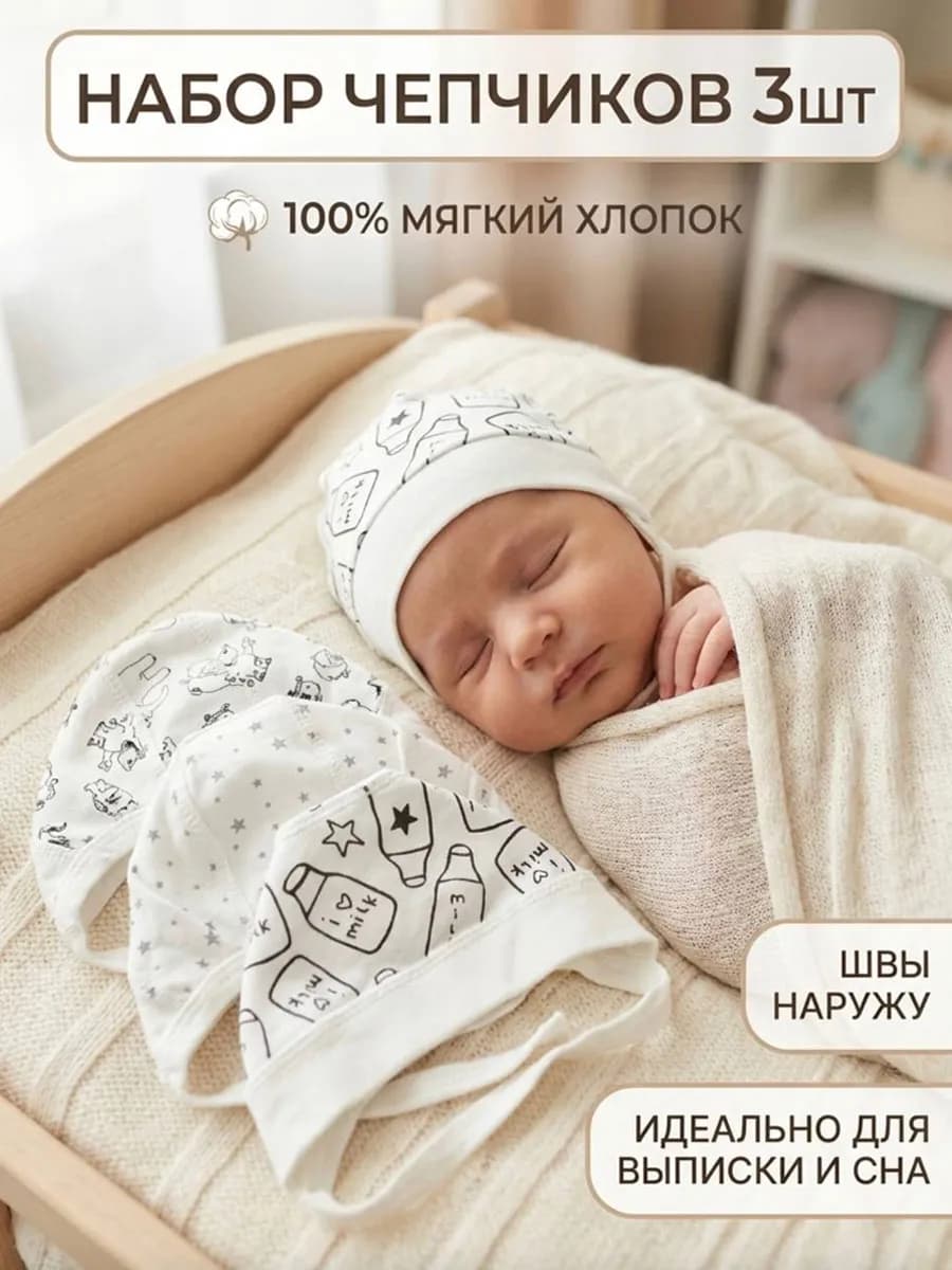 Шапочки чепчики для новорожденного набор 3шт