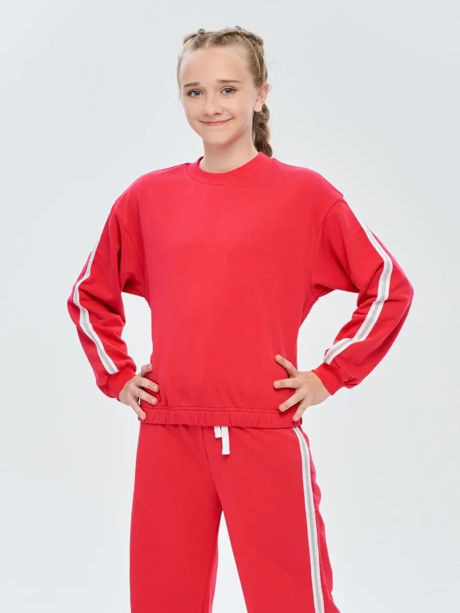 Свитшот для девочек красный с лампасами, оверсайз