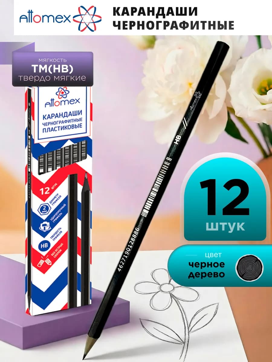 Карандаши простые чернографитные HB ТМ 12 штук