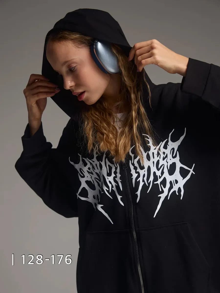 Худи на молнии с принтом, зип без начеса для подростков - фото 1