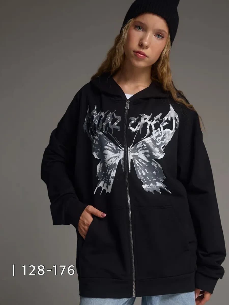 Худи оверсайз с принтом бабочка, зип кофта без начёса Y2K - фото 1