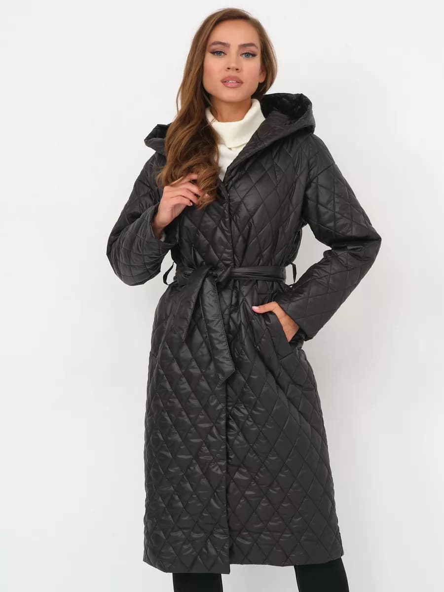 Стеганое осеннее длинное пальто с поясом и капюшоном