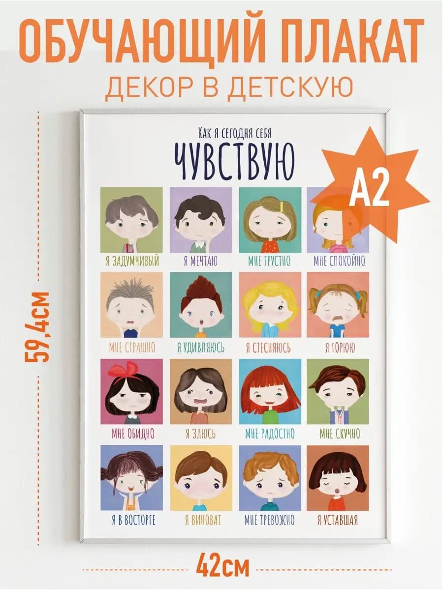 Детский обучающий плакат Я изучаю эмоции и чувства на стену