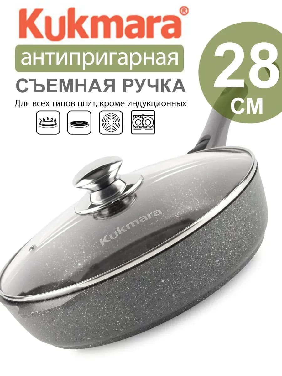 Сковорода антипригарная 28 см с крышкой, съемной ручкой