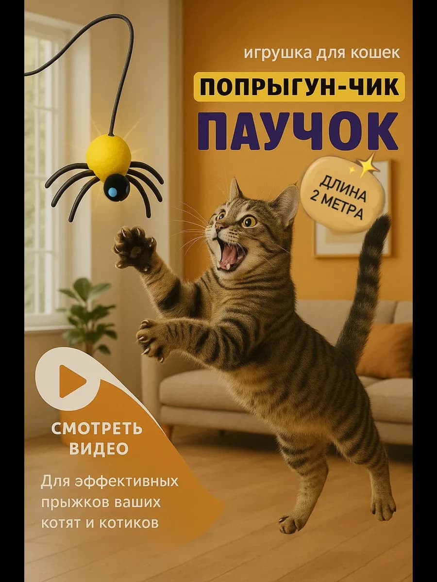 Игрушка для кошек Дразнилка для котят Паук на веревке