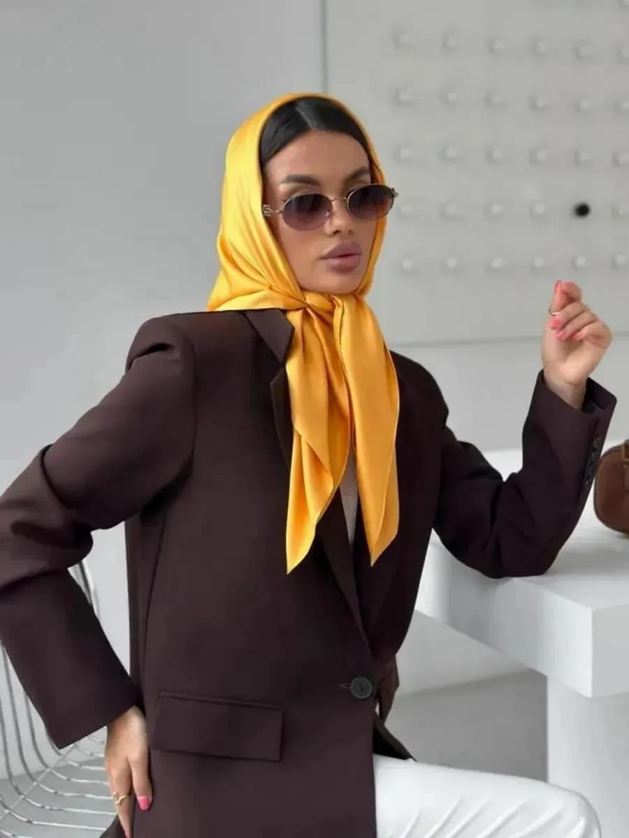 Платок шелковый горчичный на голову