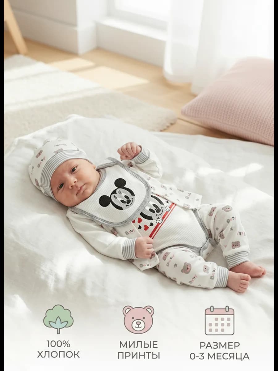 Комплект для новорожденного костюм нательный микки маус - фото 1