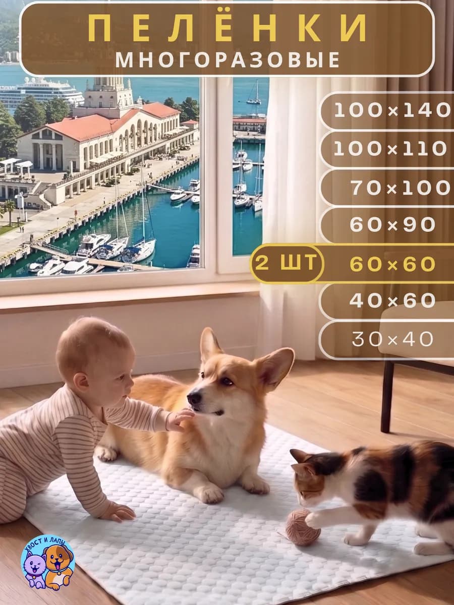 Пеленки многоразовые 60х60 см. для собак 2 шт