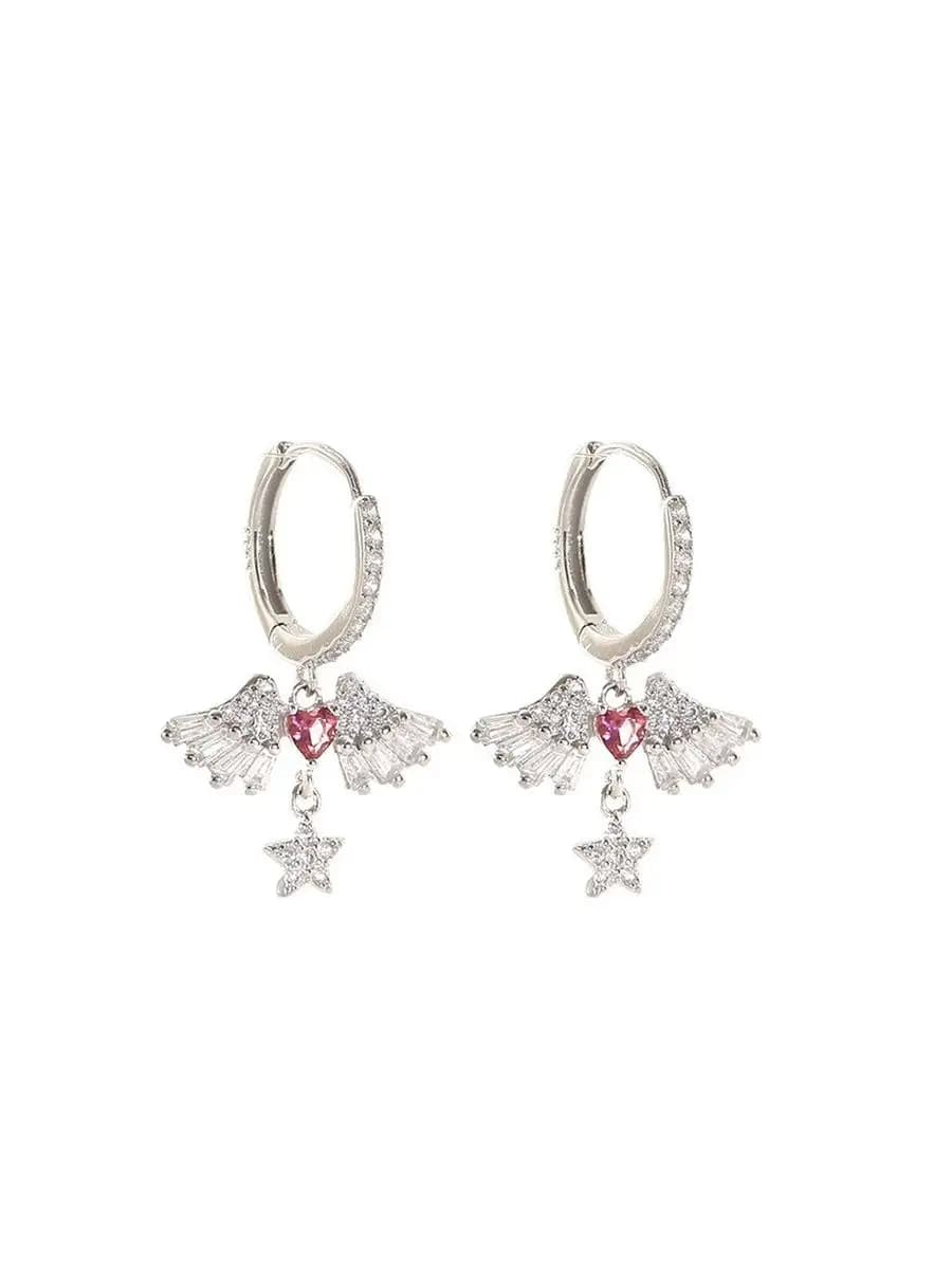 Серьги сердечки висячие крылья ангела стразы, корейские y2k