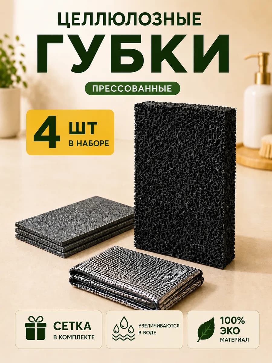 Губки для посуды прессованные целлюлозные 4 шт