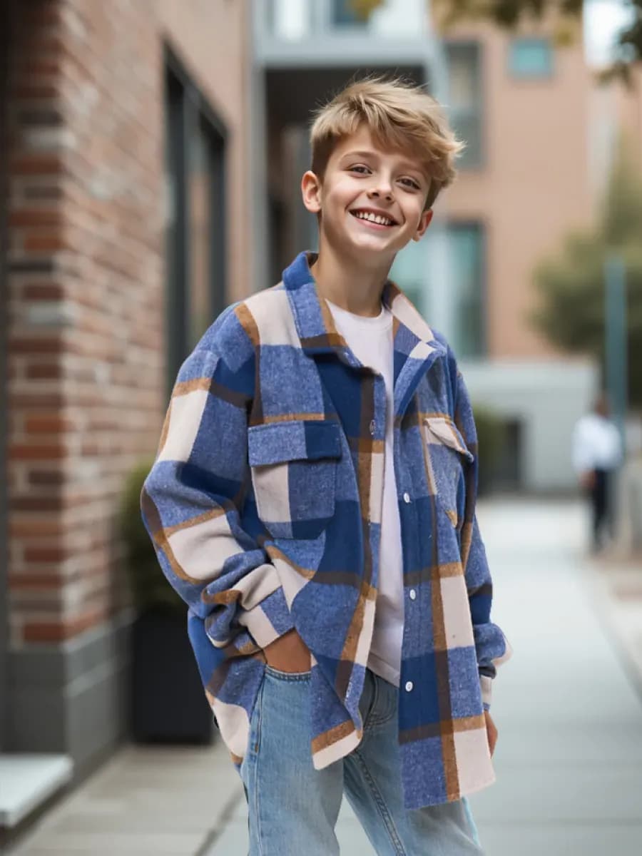 Рубашка детская в клетку хлопок оверсайз теплая - фото 1