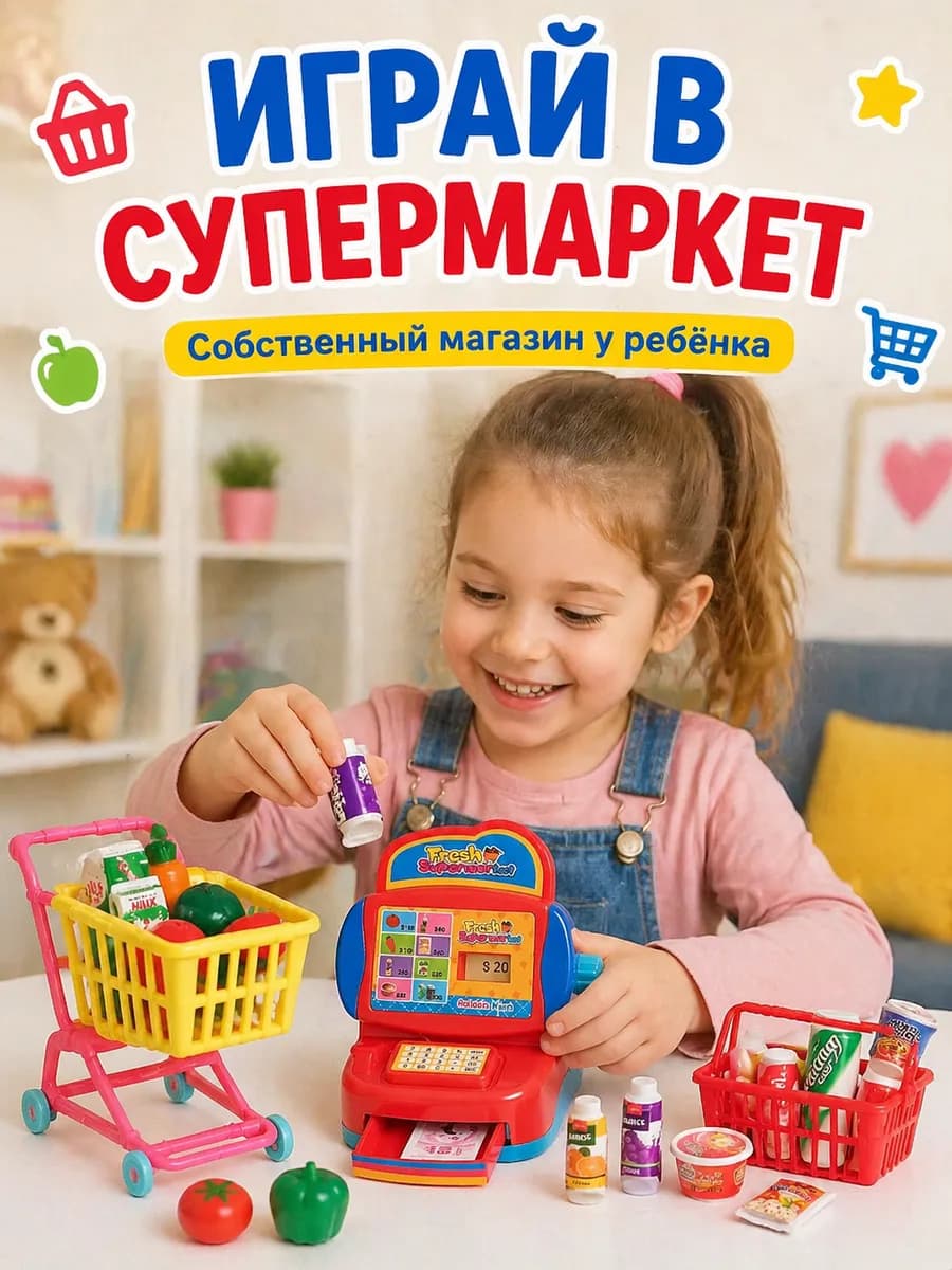 Набор супермаркет с кассой и продуктами и банкнотами