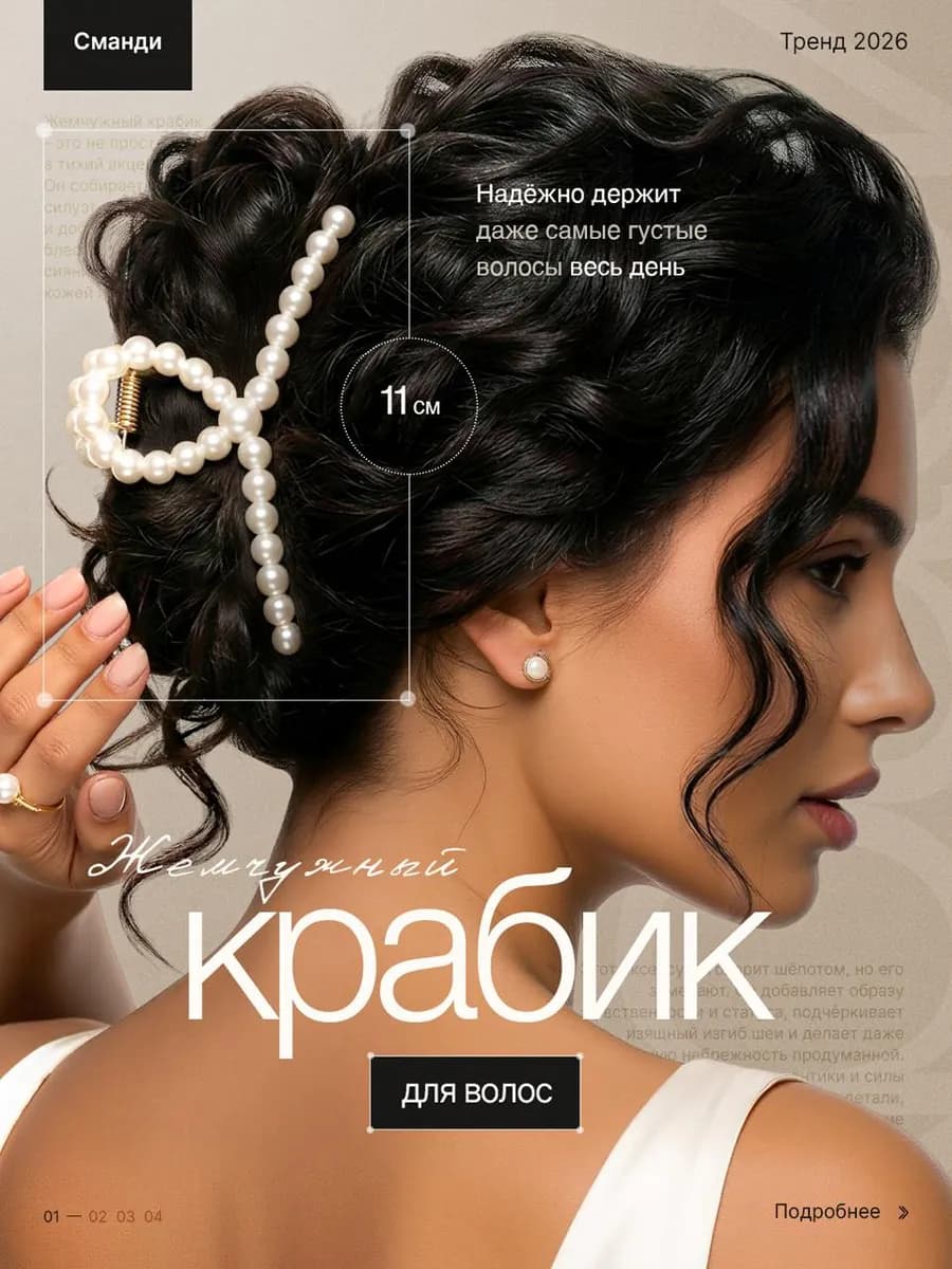 Крабик для волос большой с жемчугом - фото 1
