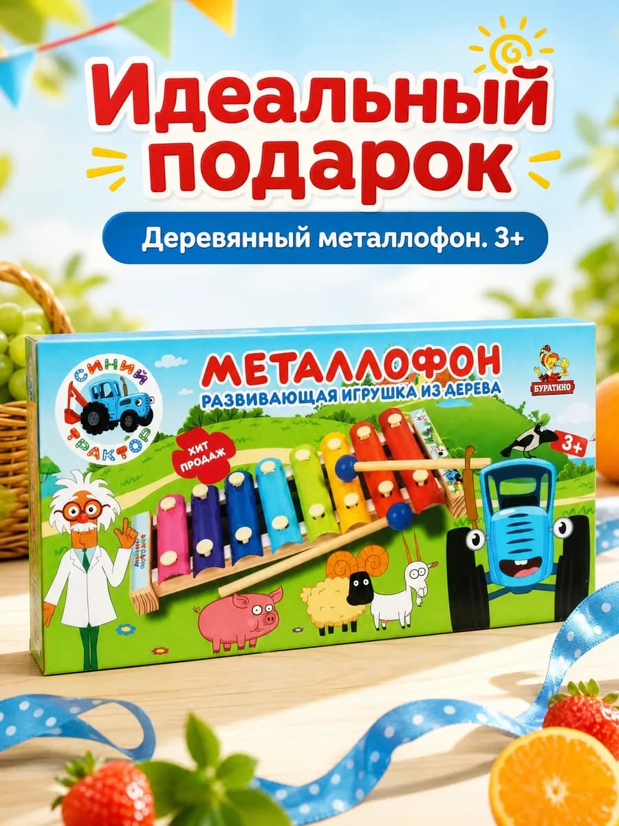 Металлофон 8 тонов детский деревянный Синий трактор