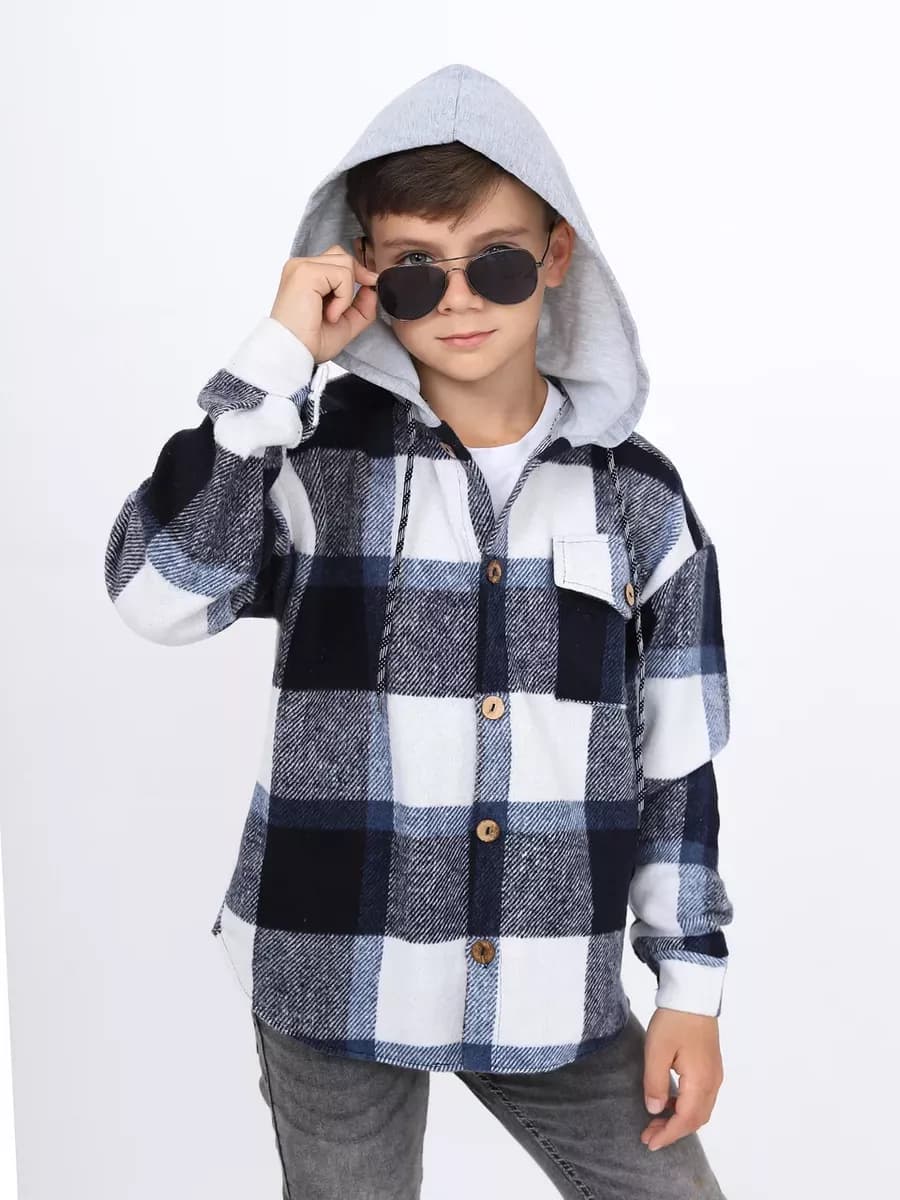 Рубашка в клетку для детей и подростков с капюшоном теплая